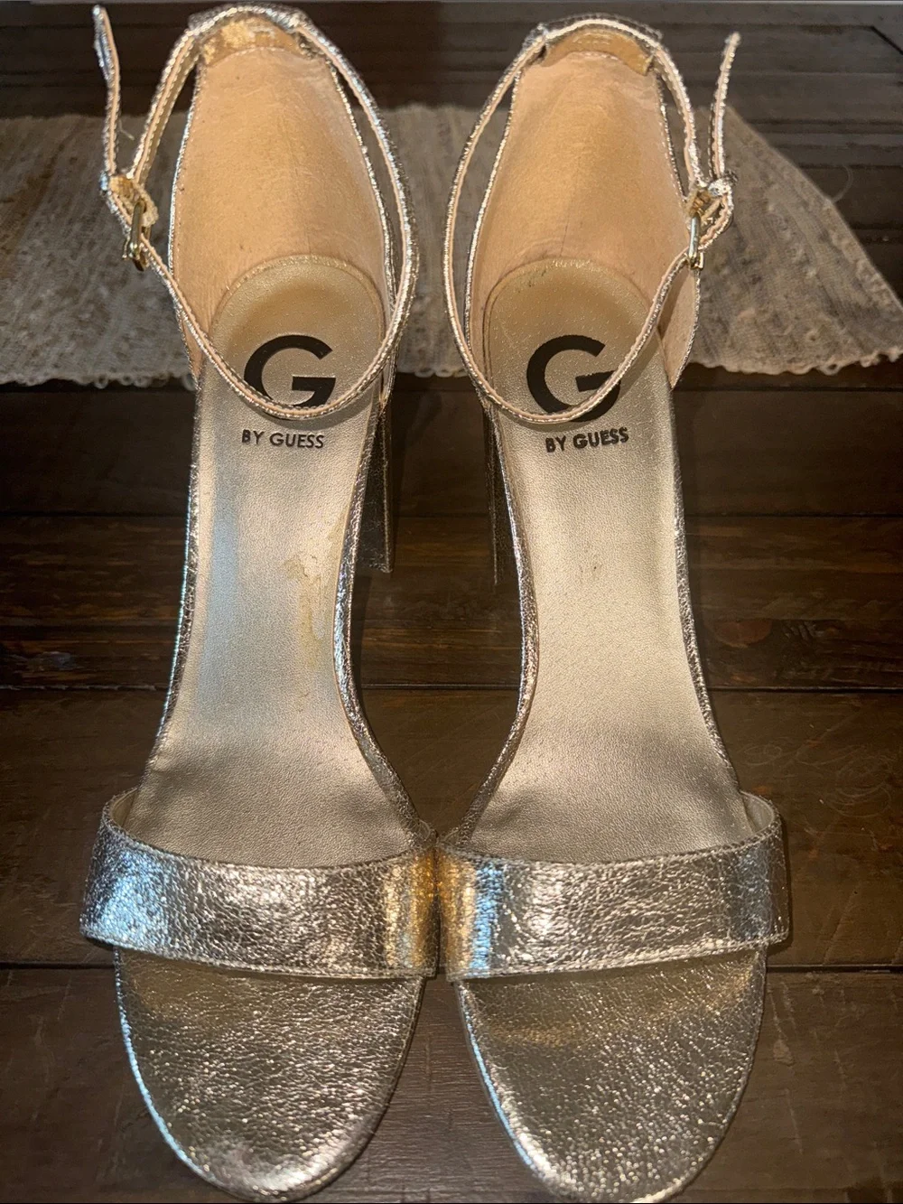 G by Guess Metallic Silver Ankle-Strap Block Heel Sandals